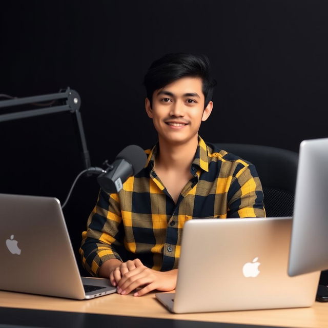 A 21-year-old man sitting at a computer desk with a microphone and a laptop