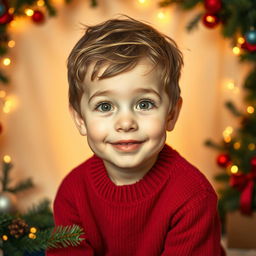 A portrait of a young boy with an innocent expression, sitting against a softly blurred background adorned with Christmas decorations along the edges, such as twinkling lights, colorful ornaments, and evergreen branches