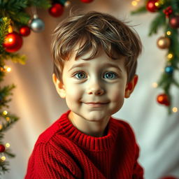 A portrait of a young boy with an innocent expression, sitting against a softly blurred background adorned with Christmas decorations along the edges, such as twinkling lights, colorful ornaments, and evergreen branches