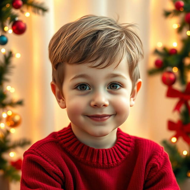 A portrait of a young boy with an innocent expression, sitting against a softly blurred background adorned with Christmas decorations along the edges, such as twinkling lights, colorful ornaments, and evergreen branches