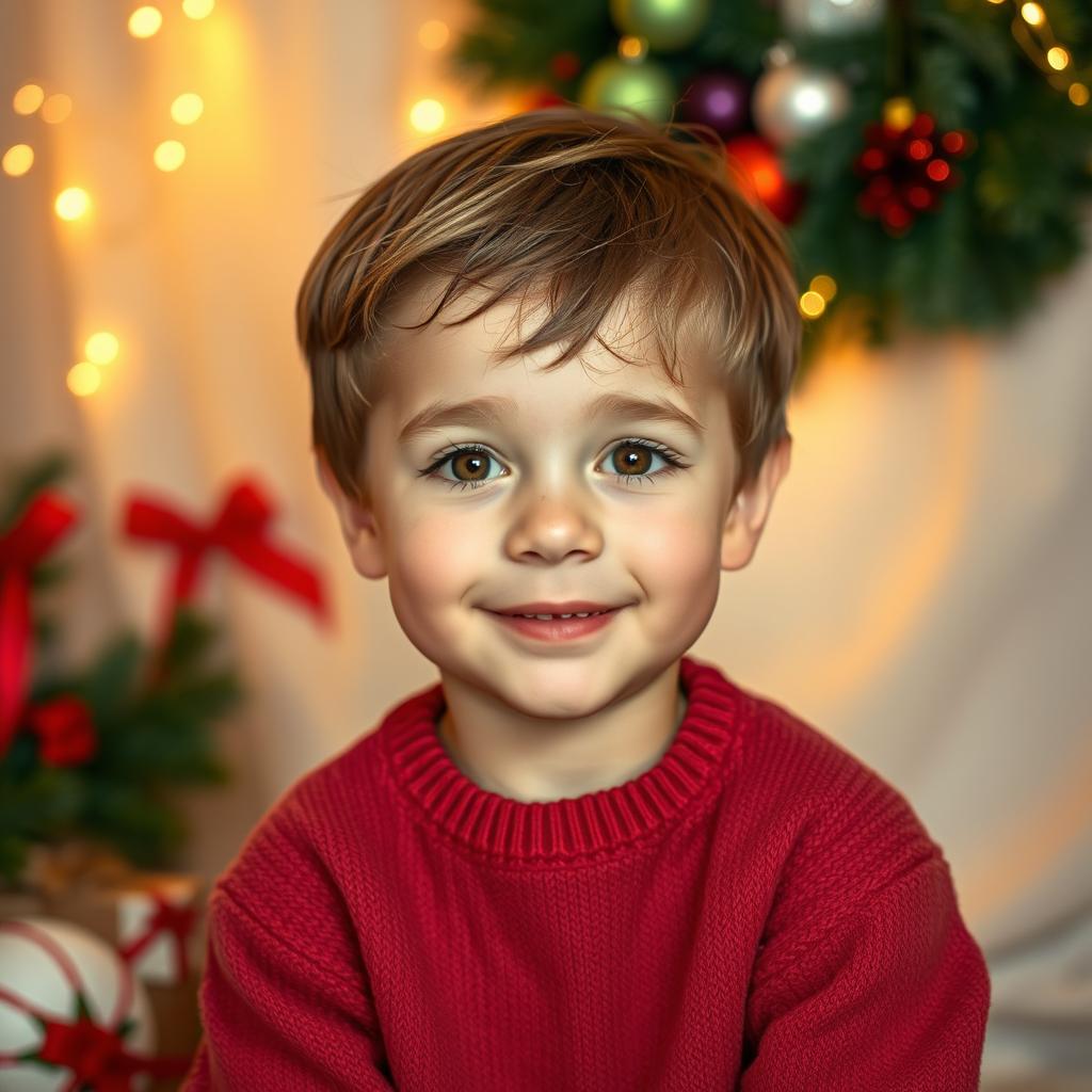 A portrait of a young boy with an innocent expression, sitting against a softly blurred background adorned with Christmas decorations along the edges, such as twinkling lights, colorful ornaments, and evergreen branches