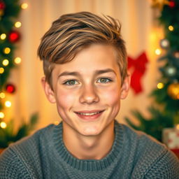 A portrait of an 18-year-old boy with a confident expression, sitting against a softly blurred background featuring Christmas decorations along the edges, such as twinkling lights, colorful ornaments, and festive garlands