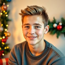 A portrait of an 18-year-old boy with a confident expression, sitting against a softly blurred background featuring Christmas decorations along the edges, such as twinkling lights, colorful ornaments, and festive garlands