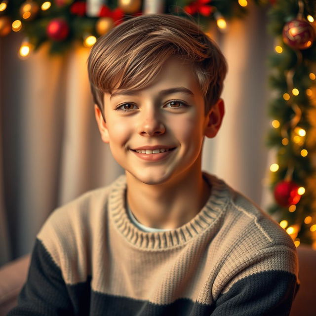 A portrait of an 18-year-old boy with a confident expression, sitting against a softly blurred background featuring Christmas decorations along the edges, such as twinkling lights, colorful ornaments, and festive garlands