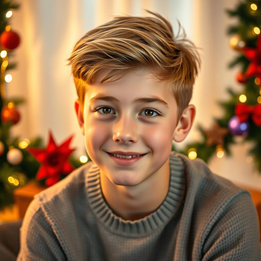 A portrait of an 18-year-old boy with a confident expression, sitting against a softly blurred background featuring Christmas decorations along the edges, such as twinkling lights, colorful ornaments, and festive garlands