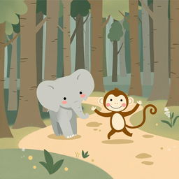 A whimsical scene in a forest where a cute gray baby elephant and a cheerful brown baby monkey are happily walking together along a forest path