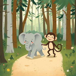 A whimsical scene in a forest where a cute gray baby elephant and a cheerful brown baby monkey are happily walking together along a forest path