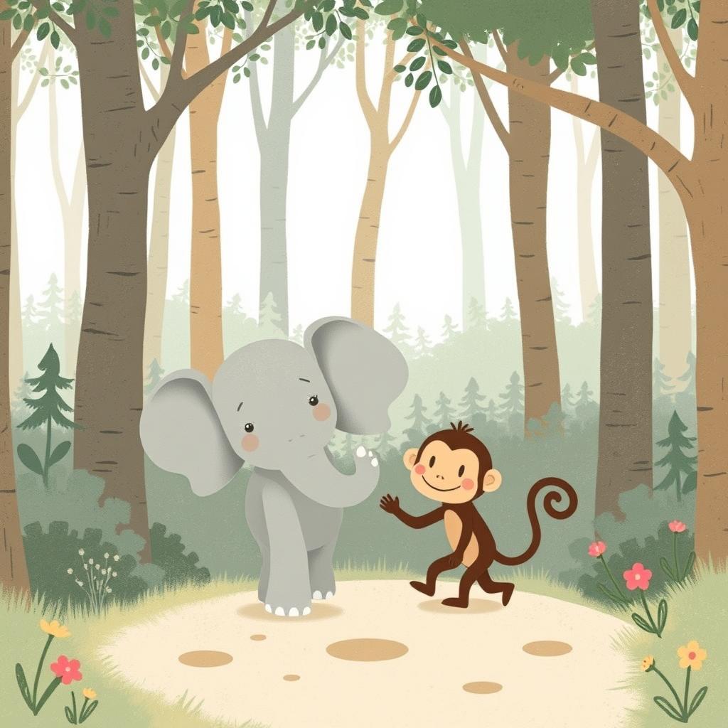 A whimsical scene in a forest where a cute gray baby elephant and a cheerful brown baby monkey are happily walking together along a forest path