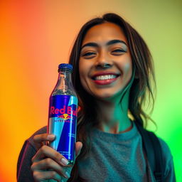 A person smiling gently, with a small smile on their face, holding a Red Bull bottle in their right hand