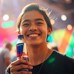 A person smiling gently, with a small smile on their face, holding a Red Bull bottle in their right hand