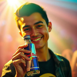 A person smiling gently, with a small smile on their face, holding a Red Bull bottle in their right hand