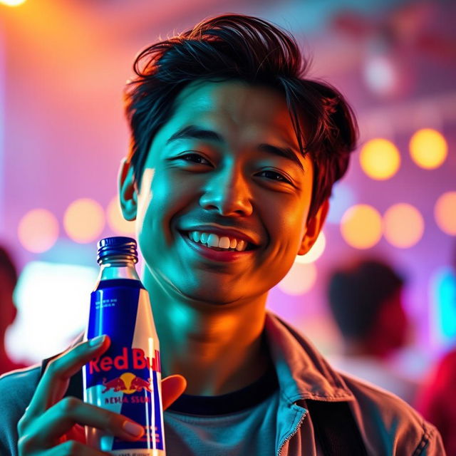 A person smiling gently, with a small smile on their face, holding a Red Bull bottle in their right hand