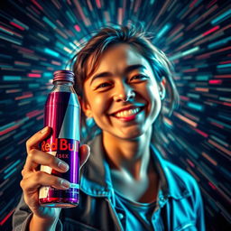 A person with a small, charming smile, holding a Red Bull bottle in their right hand