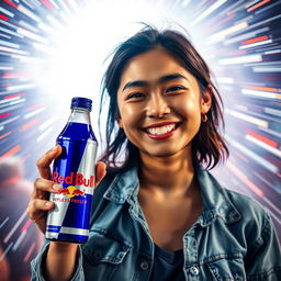 A person with a small, charming smile, holding a Red Bull bottle in their right hand