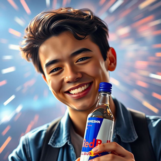 A person with a small, charming smile, holding a Red Bull bottle in their right hand