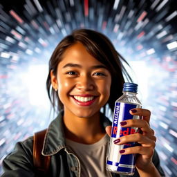 A person with a small, charming smile, holding a Red Bull bottle in their right hand