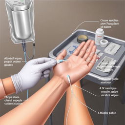 A detailed medical illustration showing the process of inserting an IV into a hand