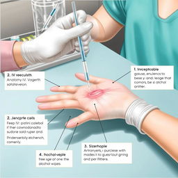 A detailed medical illustration showing the process of inserting an IV into a hand