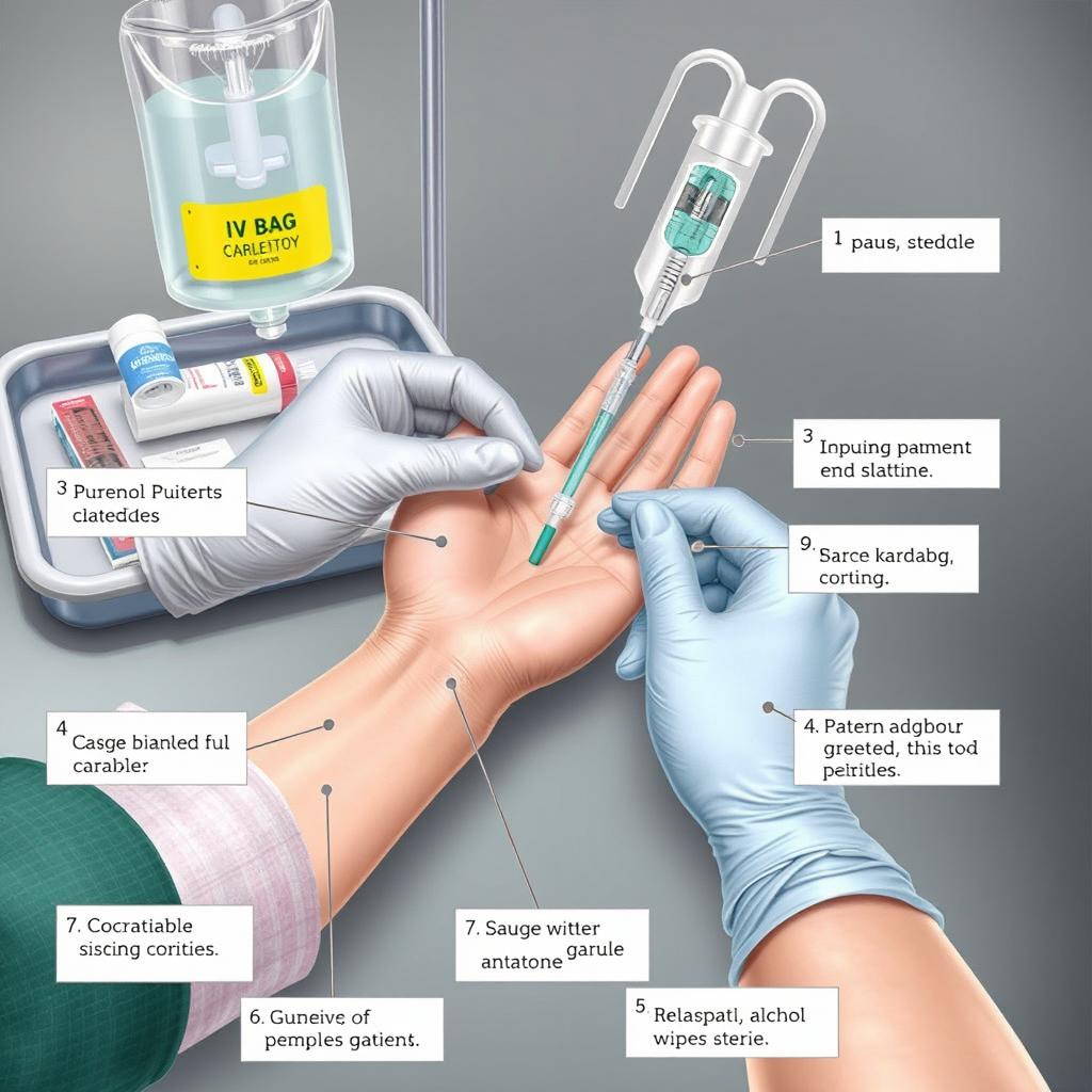 A detailed medical illustration showing the process of inserting an IV into a hand