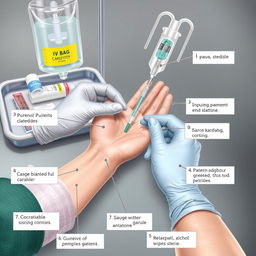 A detailed medical illustration showing the process of inserting an IV into a hand