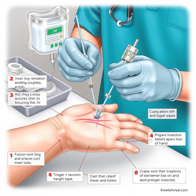 A detailed medical illustration showing the process of inserting an IV into a hand