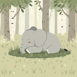 In a serene forest setting, a cute gray baby elephant is stretching lazily on a patch of grass