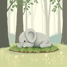 In a serene forest setting, a cute gray baby elephant is stretching lazily on a patch of grass