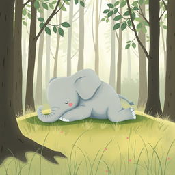 In a serene forest setting, a cute gray baby elephant is stretching lazily on a patch of grass