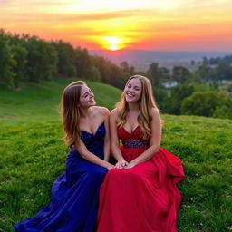 Two stunning young women, appearing around 16 years old, sitting on a lush, grassy hill lined with trees after sunset