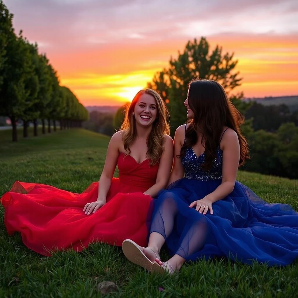 Two stunning young women, appearing around 16 years old, sitting on a lush, grassy hill lined with trees after sunset