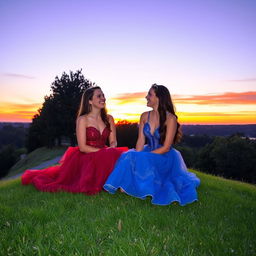Two stunning young women, appearing around 16 years old, sitting on a lush, grassy hill lined with trees after sunset