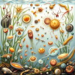A detailed scientific illustration showcasing various protozoa present in aquatic environments