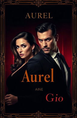A powerful and intense scene featuring a confident woman named Aurel with a sharp gaze, and a man named Gio dressed in an elegant black suit