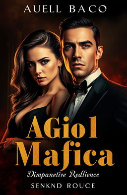 A powerful and intense scene featuring a confident woman named Aurel with a sharp gaze, and a man named Gio dressed in an elegant black suit