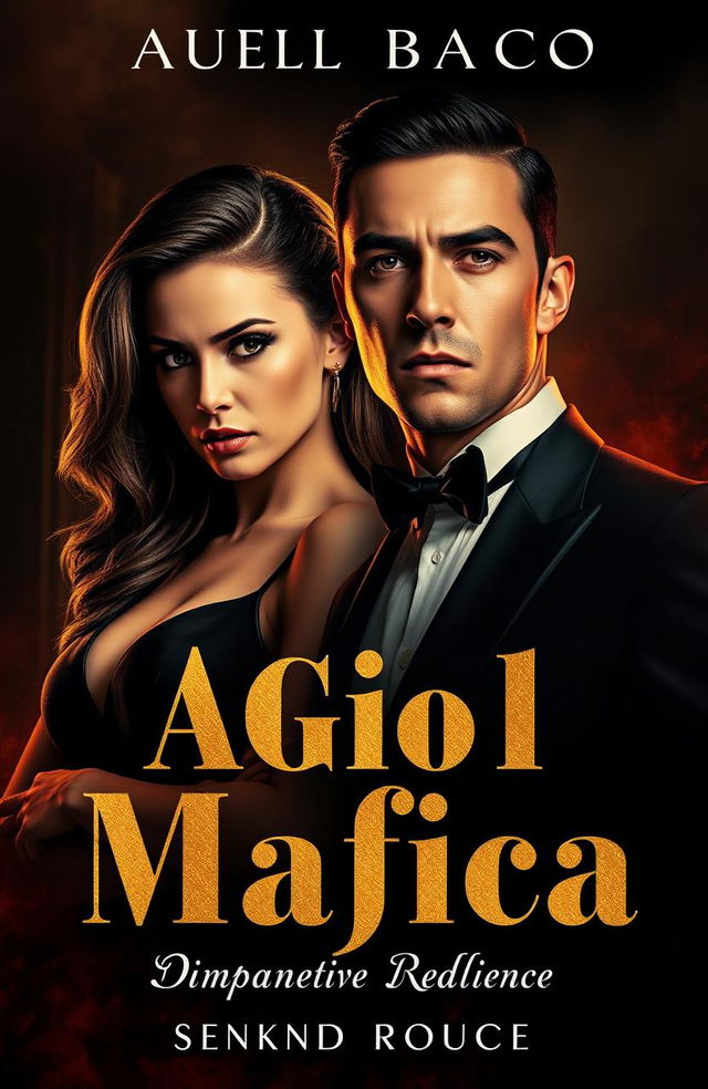 A powerful and intense scene featuring a confident woman named Aurel with a sharp gaze, and a man named Gio dressed in an elegant black suit