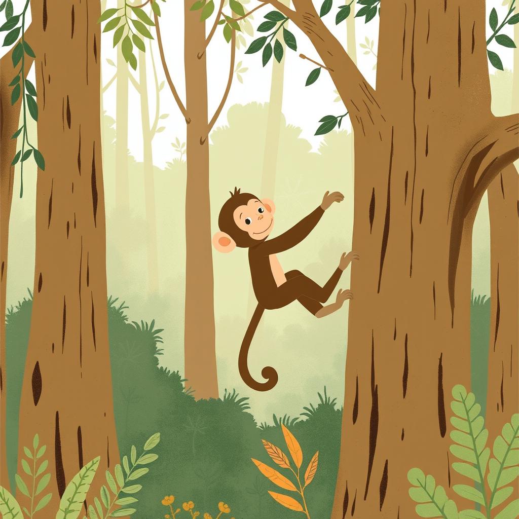 In a lush forest, a playful brown baby monkey is climbing a tree, showcasing his adventurous spirit