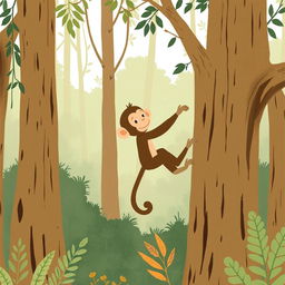 In a lush forest, a playful brown baby monkey is climbing a tree, showcasing his adventurous spirit