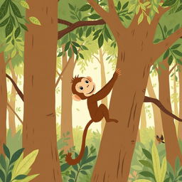 In a lush forest, a playful brown baby monkey is climbing a tree, showcasing his adventurous spirit