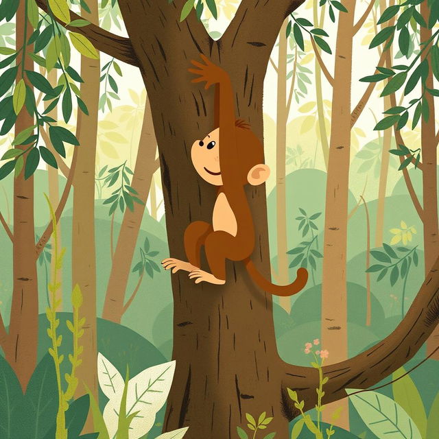 In a lush forest, a playful brown baby monkey is climbing a tree, showcasing his adventurous spirit