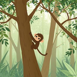 In a lush forest, a playful brown baby monkey is climbing a tree, showcasing his adventurous spirit