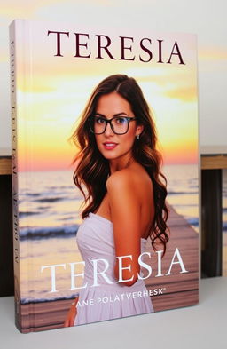 A stunning book cover featuring a beautiful woman with wavy hair, elegantly wearing stylish glasses
