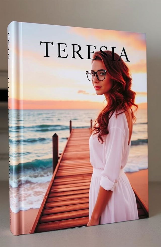 A stunning book cover featuring a beautiful woman with wavy hair, elegantly wearing stylish glasses