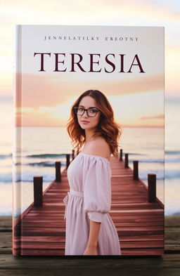 A stunning book cover featuring a beautiful woman with wavy hair, elegantly wearing stylish glasses
