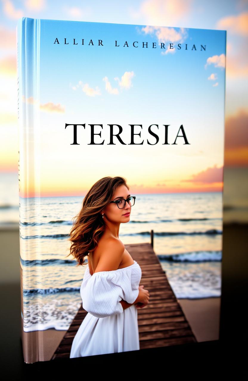 A stunning book cover featuring a beautiful woman with wavy hair, elegantly wearing stylish glasses