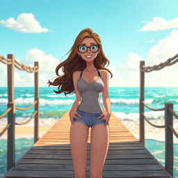 An animated scene featuring a beautiful woman with wavy hair, elegantly wearing stylish glasses