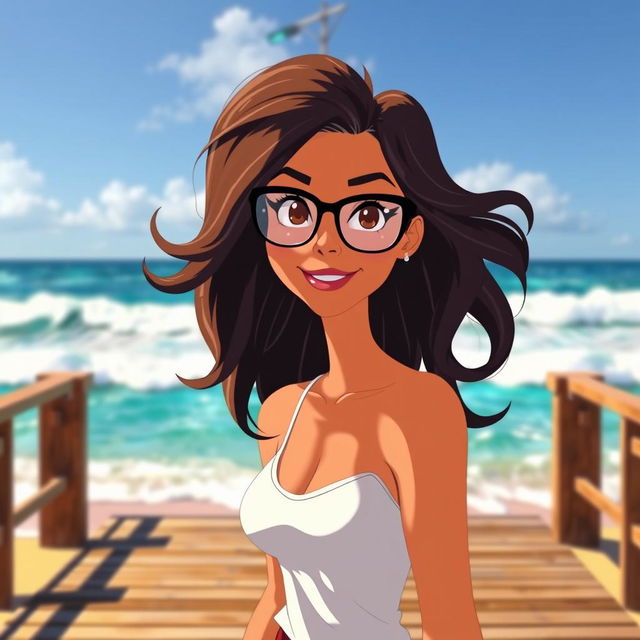 An animated scene featuring a beautiful woman with wavy hair, elegantly wearing stylish glasses