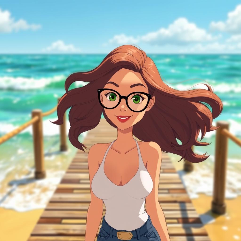 An animated scene featuring a beautiful woman with wavy hair, elegantly wearing stylish glasses