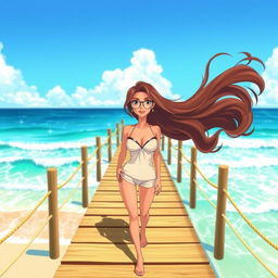 An animated scene featuring a beautiful woman with wavy hair, elegantly wearing stylish glasses
