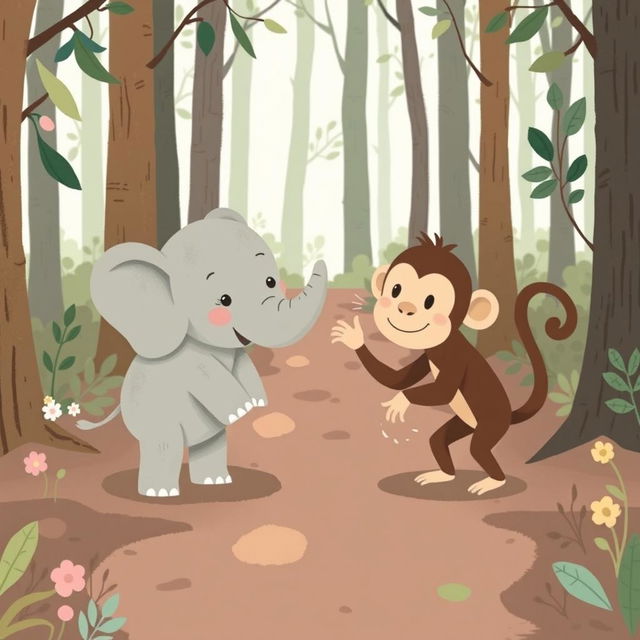 In a whimsical forest setting, a gray baby elephant and a brown baby monkey are in a playful argument on a forest path