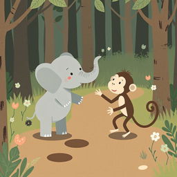 In a whimsical forest setting, a gray baby elephant and a brown baby monkey are in a playful argument on a forest path
